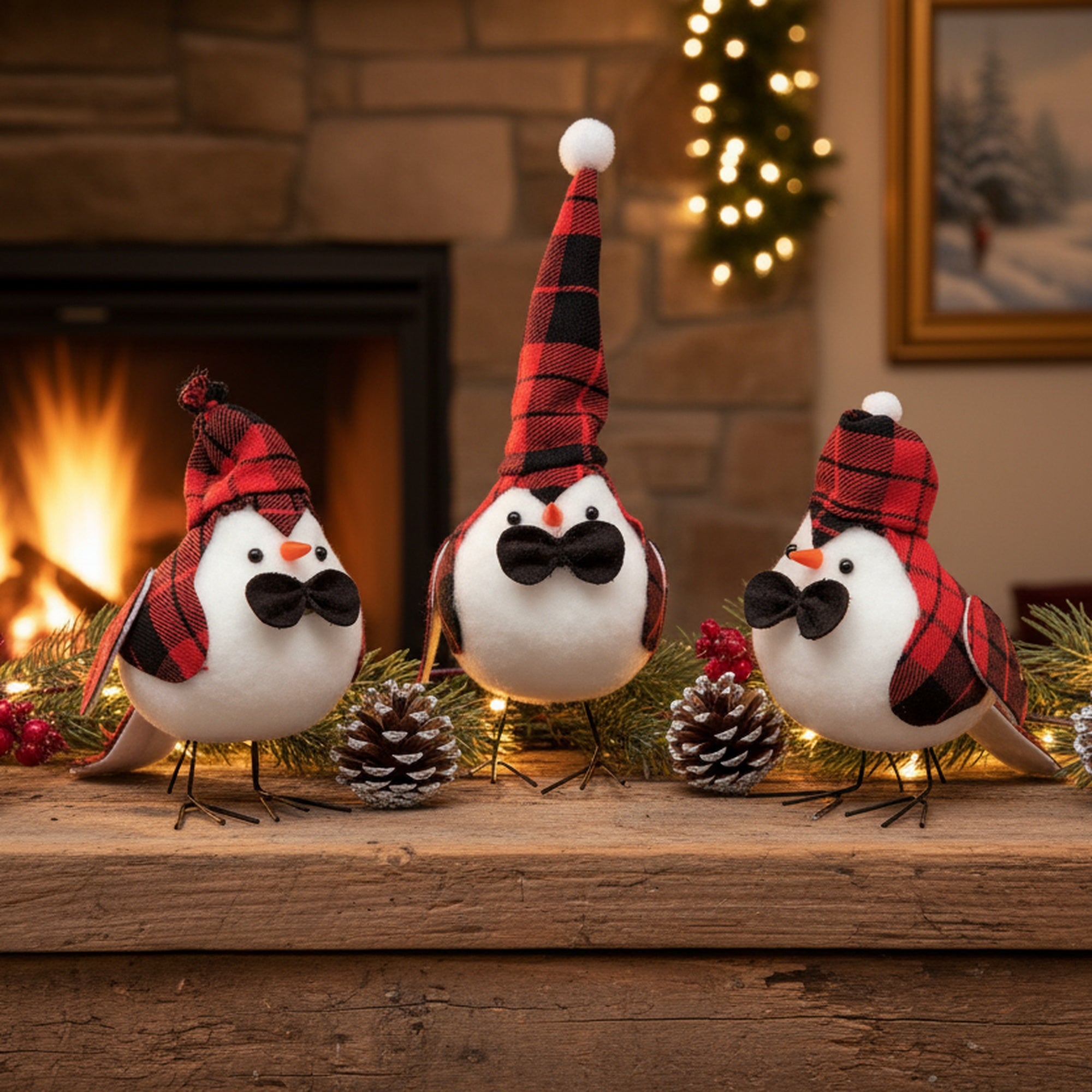 Plaid Bird with Black Bowtie 3 Assorted, Holiday Decor- Set of 3