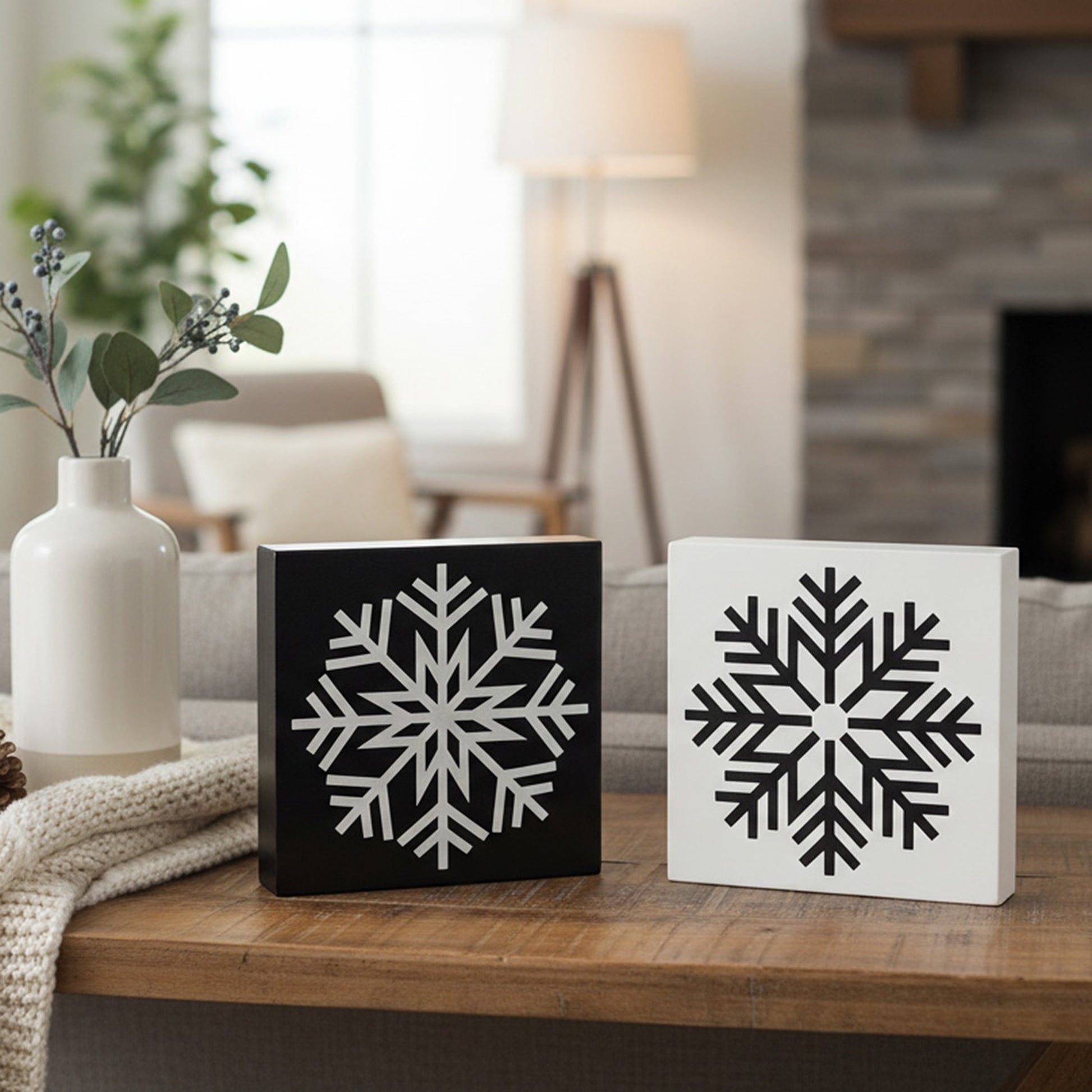 Black Snowflake Block Large 2 Assorted, Christmas, Holiday Decor- Set of 2