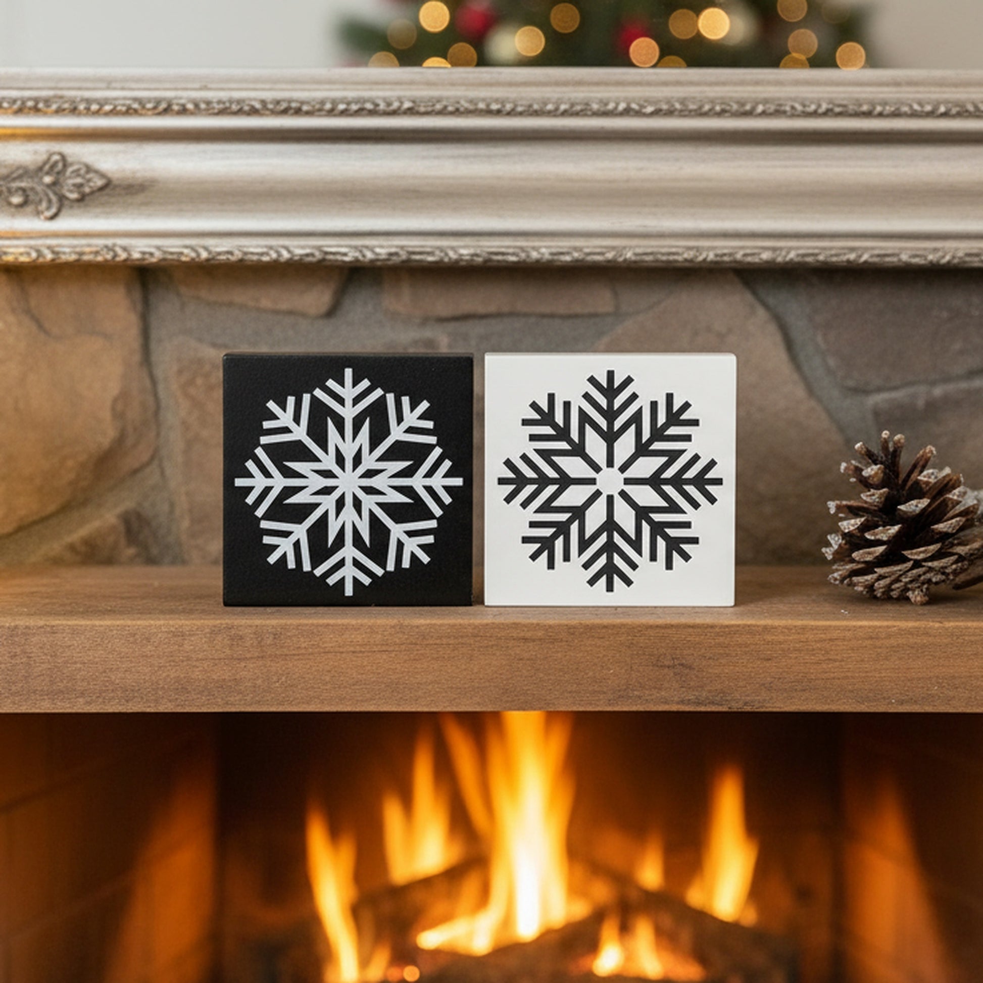 Black Snowflake Block Large 2 Assorted, Christmas, Holiday Decor- Set of 2