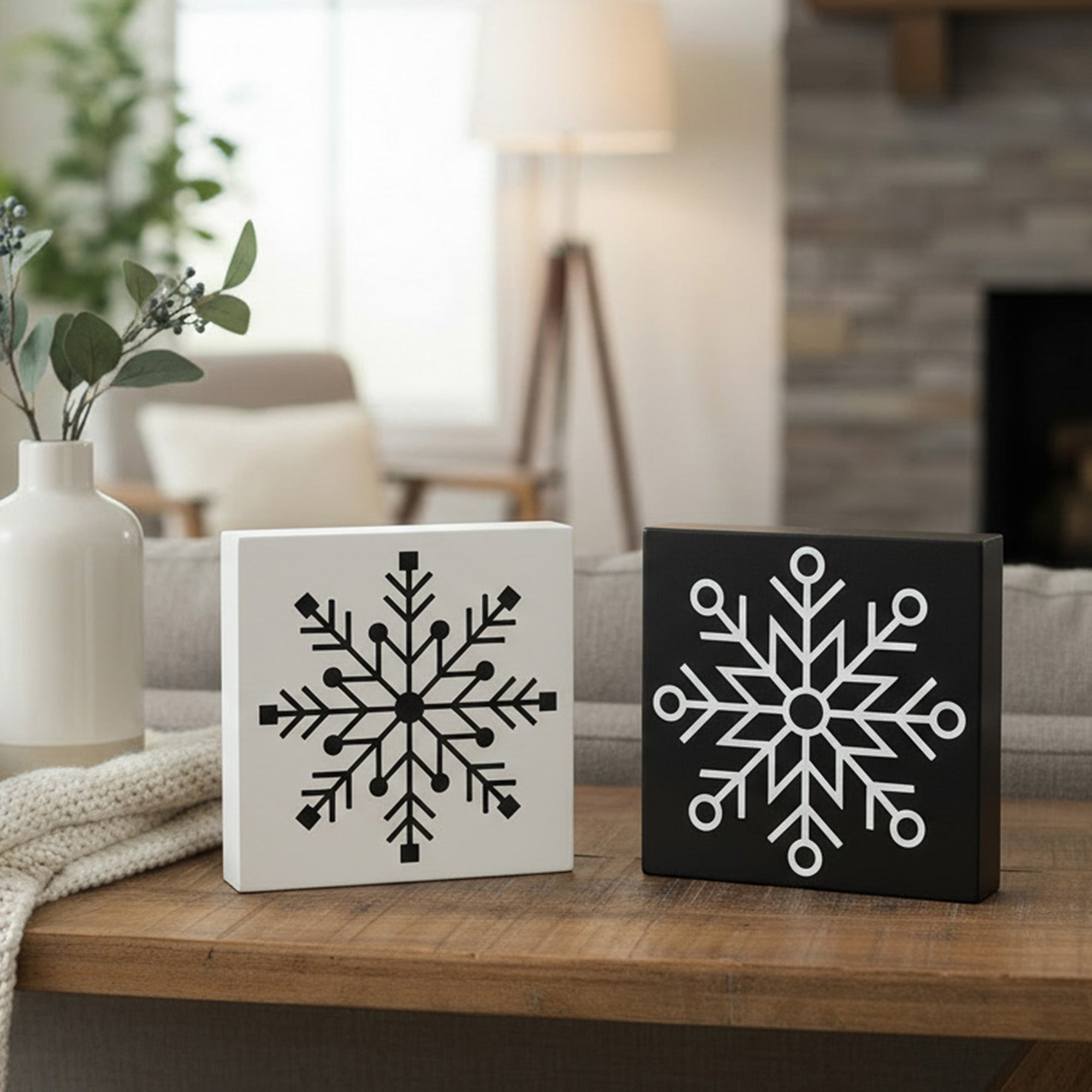 Black Snowflake Block Medium 2 Assorted, Christmas, Holiday Decor- Set of 2