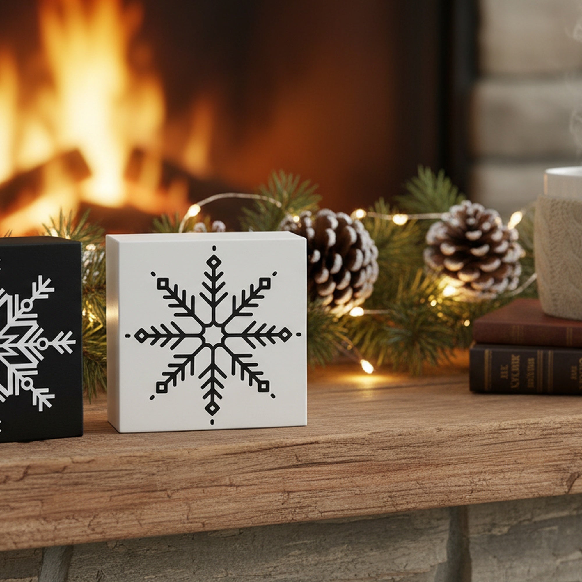 Black Snowflake Block Medium 2 Assorted, Christmas, Holiday Decor- Set of 2