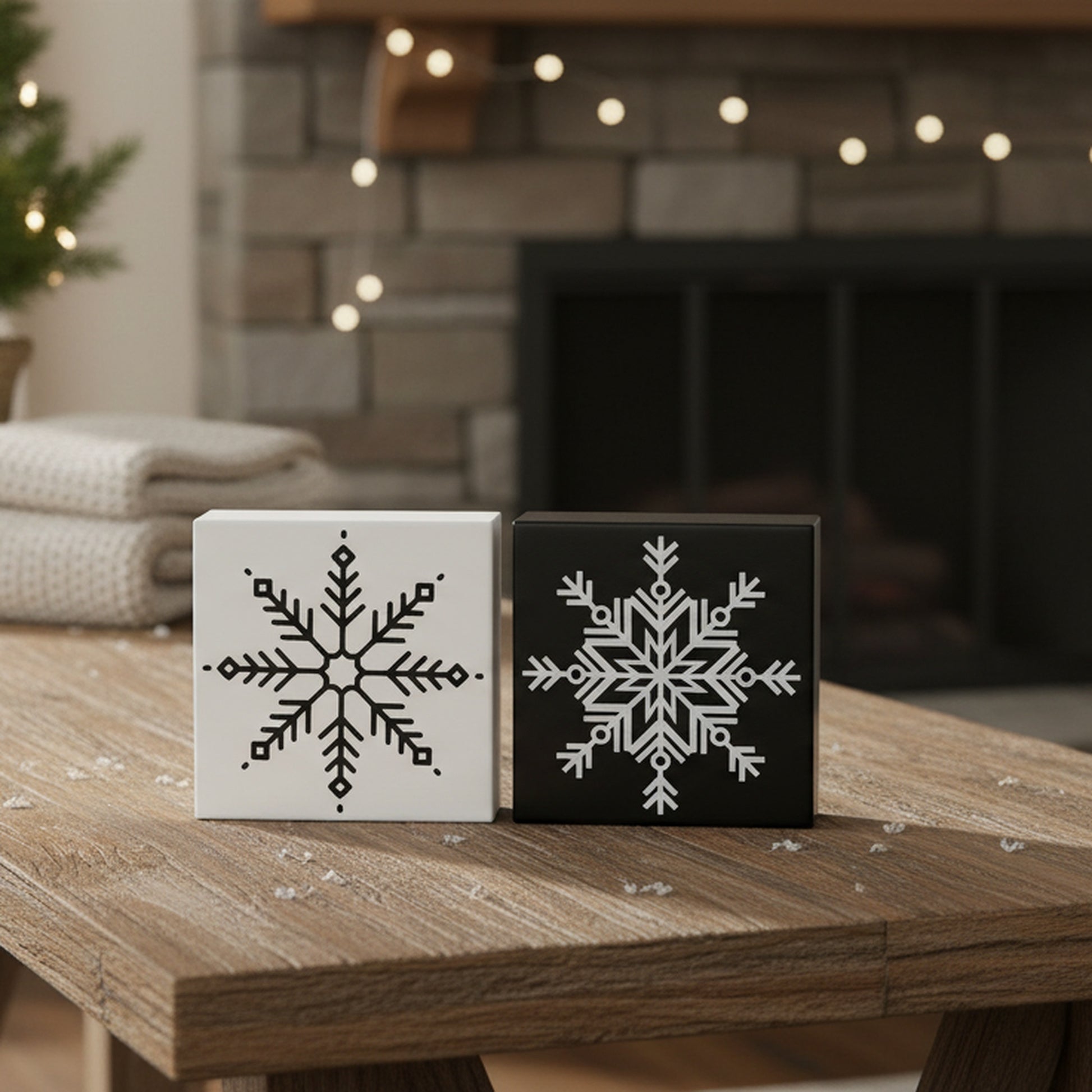 Black Snowflake Block Medium 2 Assorted, Christmas, Holiday Decor- Set of 2