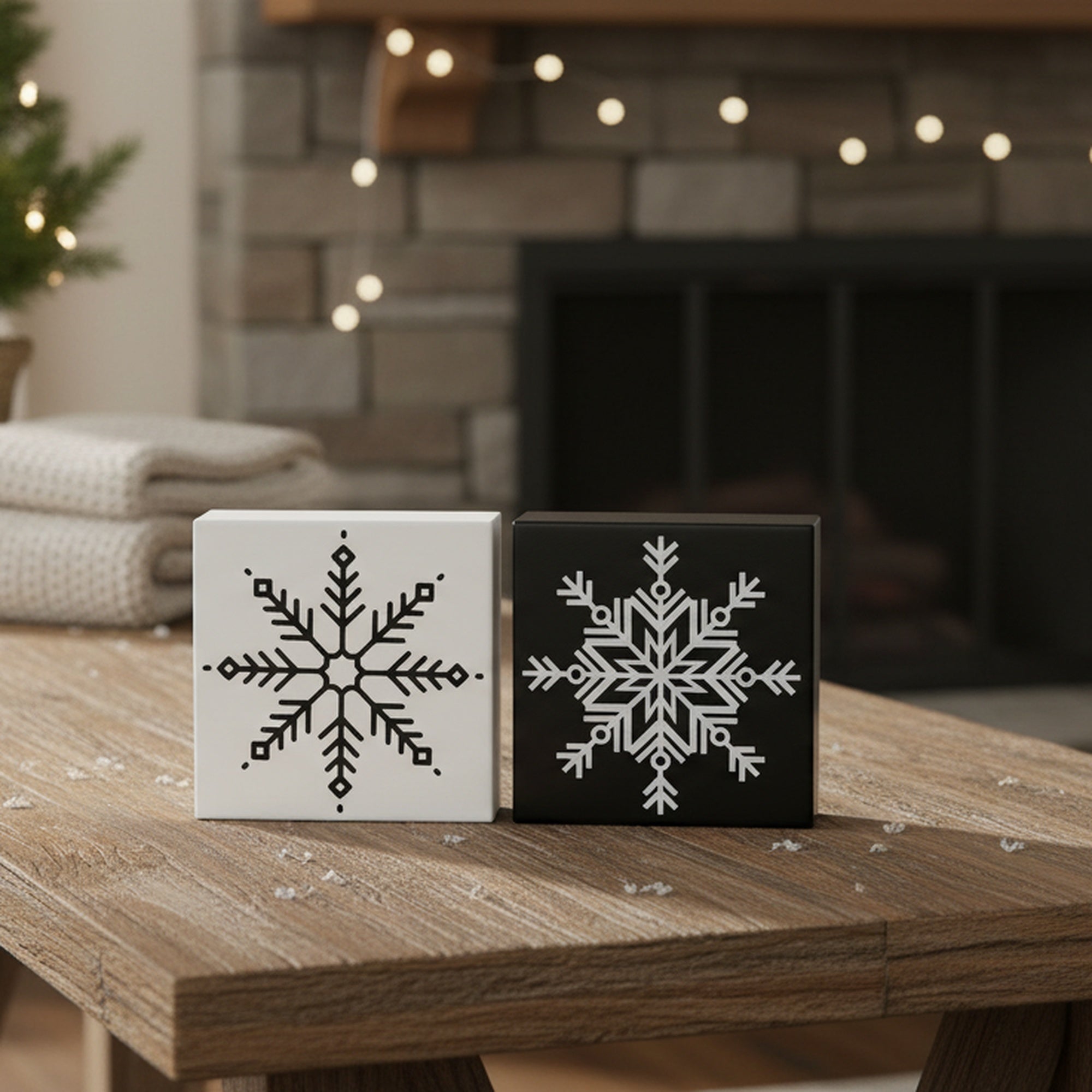 Black Snowflake Block Medium 2 Assorted, Christmas, Holiday Decor- Set of 2