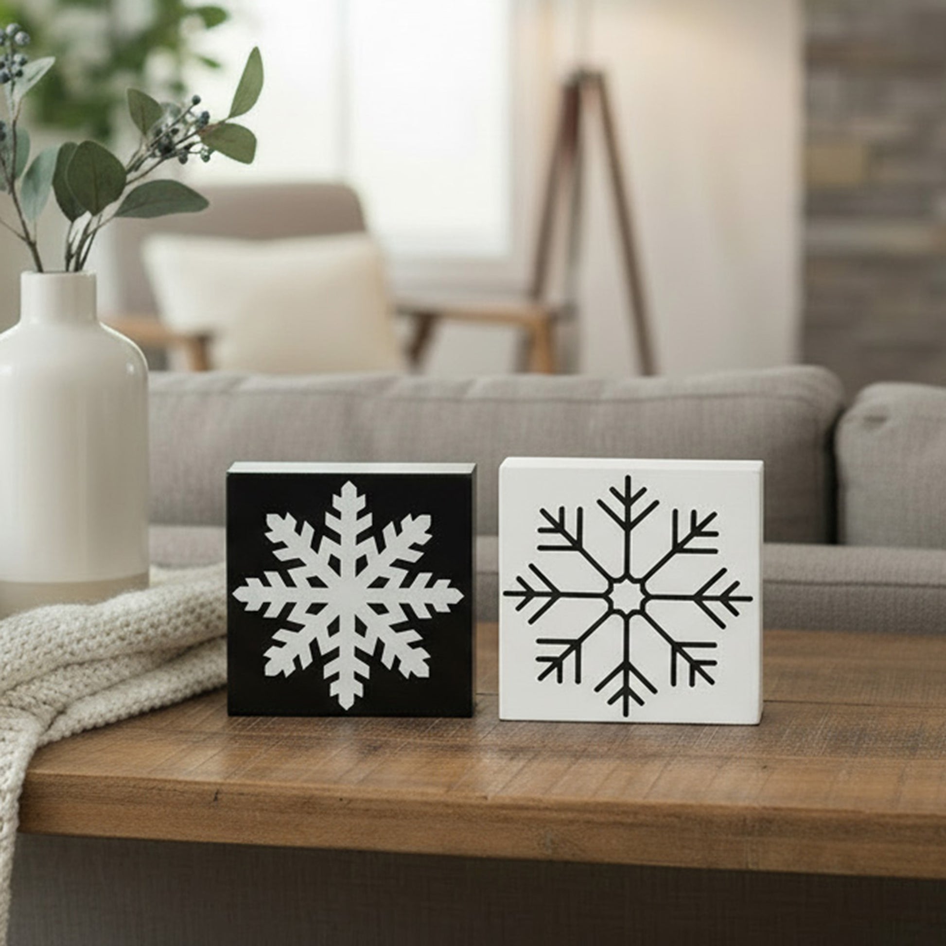 Black Snowflake Block Small 2 Assorted, Christmas, Holiday Decor- Set of 2