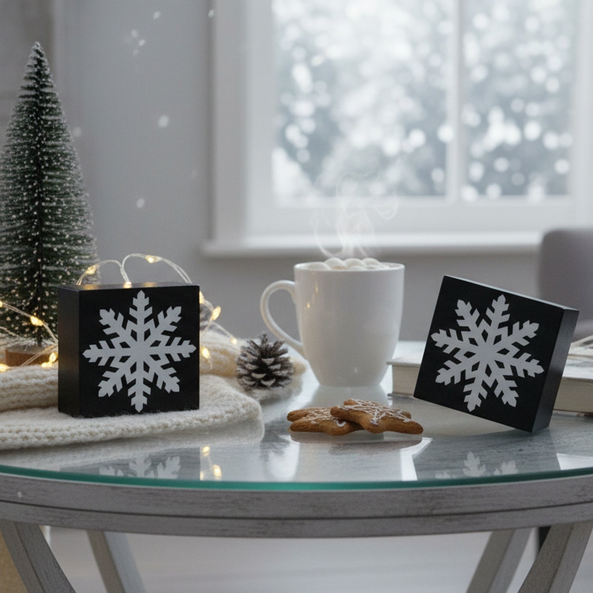 Black Snowflake Block Small 2 Assorted, Christmas, Holiday Decor- Set of 2