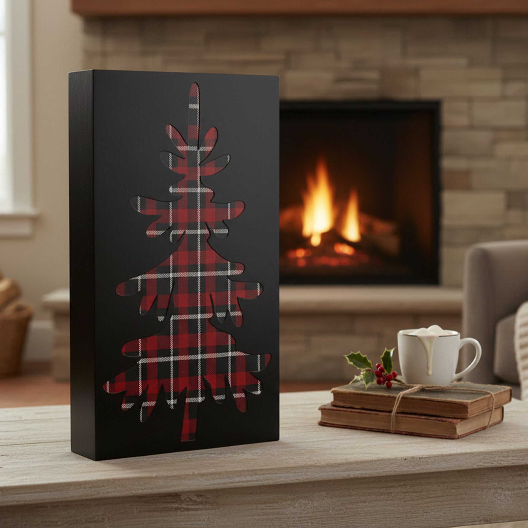 Plaid Tree Block Large, Holiday Decor