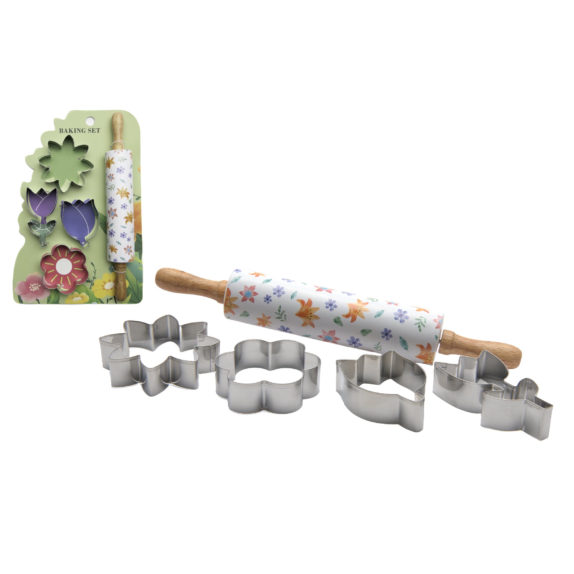 5-Piece Floral-Themed Baking Set Including Cutter and Rolling Pin