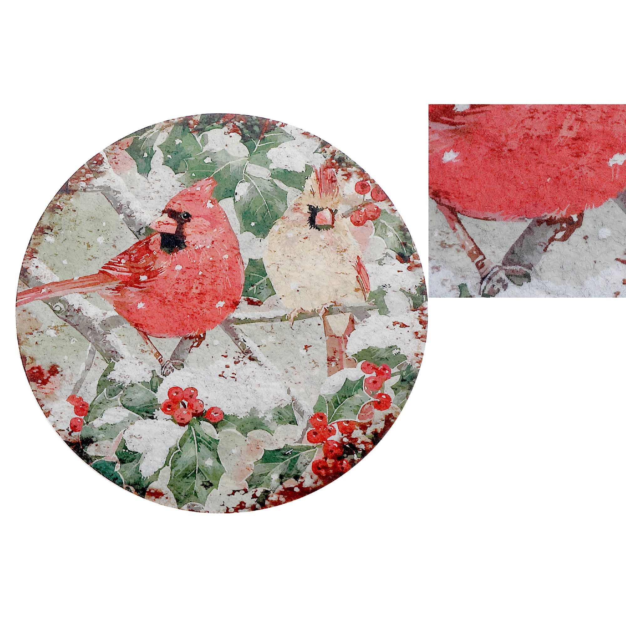 Round Felt Placemat with Red and Yellow Cardinal Bird Design - Set of 12