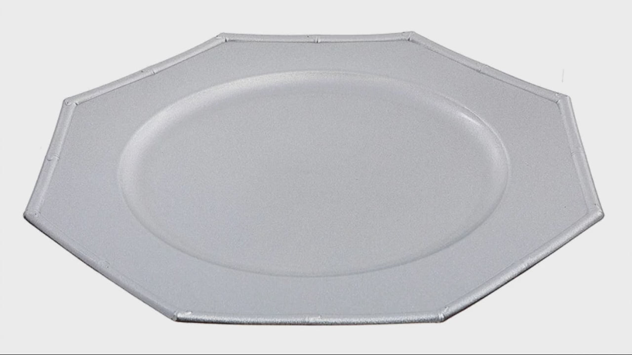 Load video: Octagon Charger Plate – Silver 13", Set of 6, Elegant Dining Table