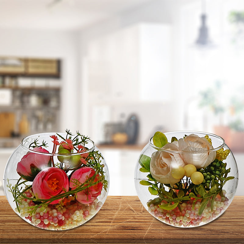 Artificial Floral Arrangement In Round Glass Bowl Asstd - Set of 2