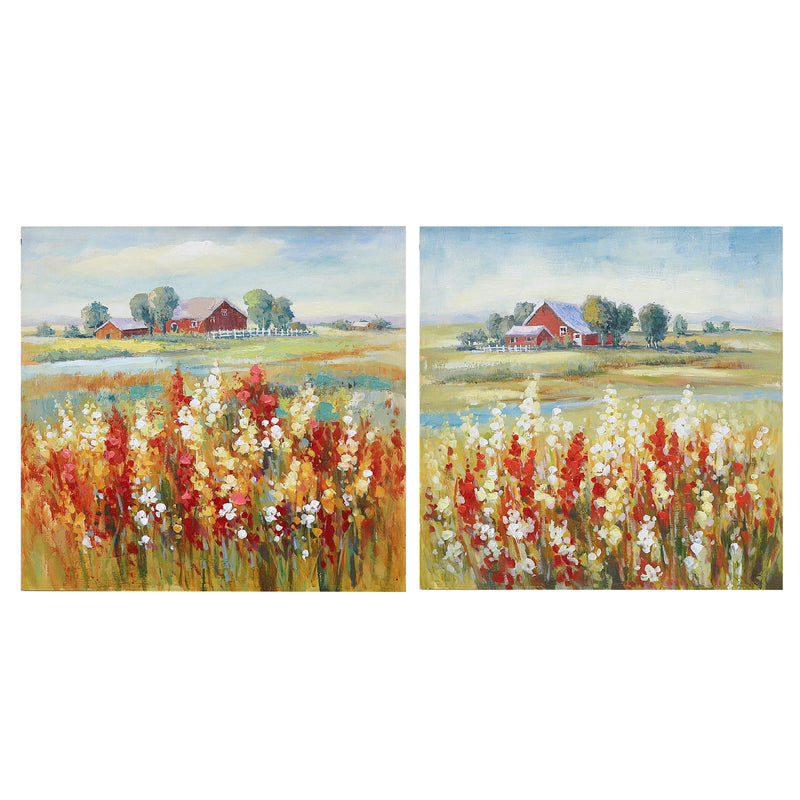 Hand Painted Canvas Wall Art Farm Field Flowers - Set of 2