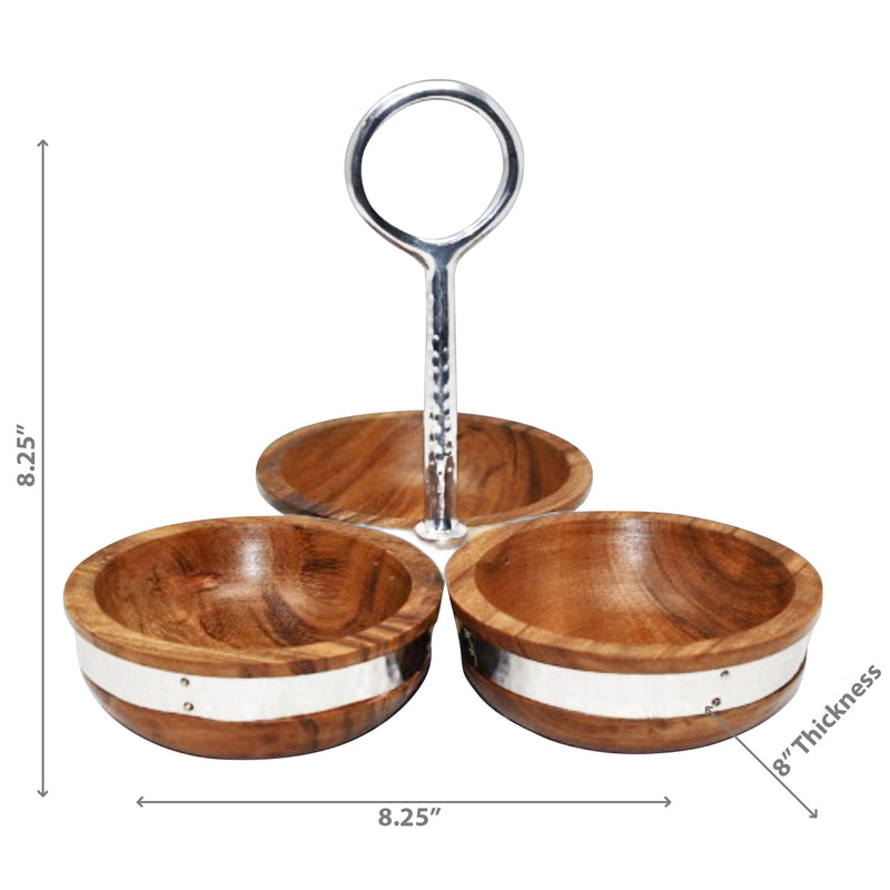 Natural Acacia Wood With Hammered Nickel 3 Section Server