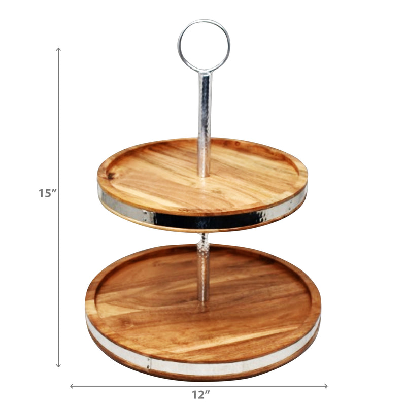 Natural Acacia Wood With Hammered Nickel 2 Tier Cake Stand