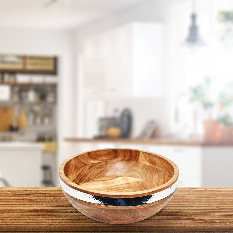 Natural Acacia Wood With Hammered Nickel Salad Bowl