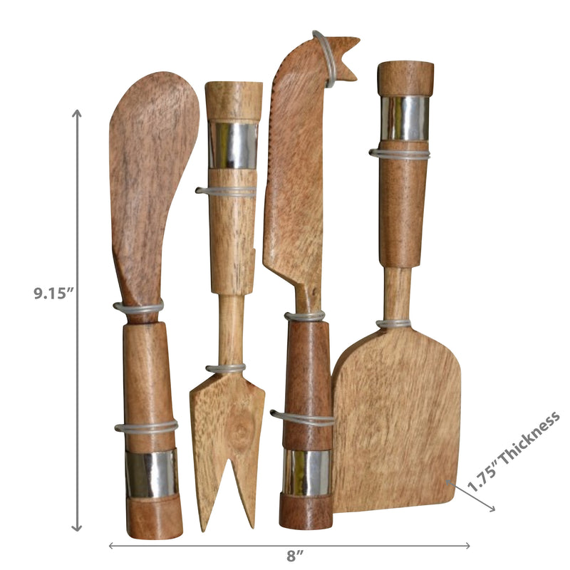 Natural Acacia Wood With Hammered Nickel 4 Pc Cheese Cutlery Set