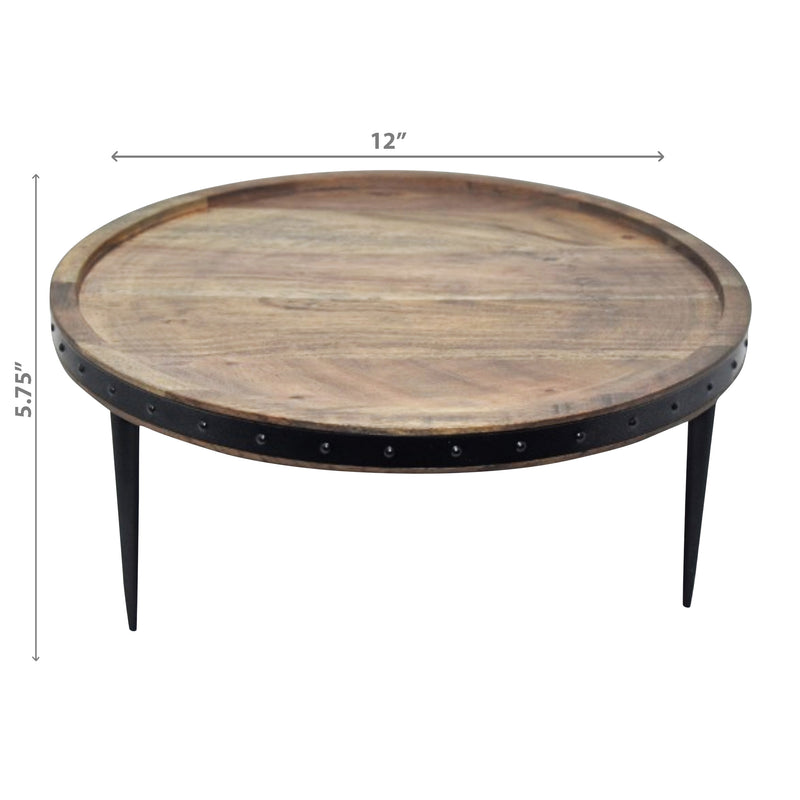 Gray Acacia Wood With Riveted Gunmetal Cake Stand