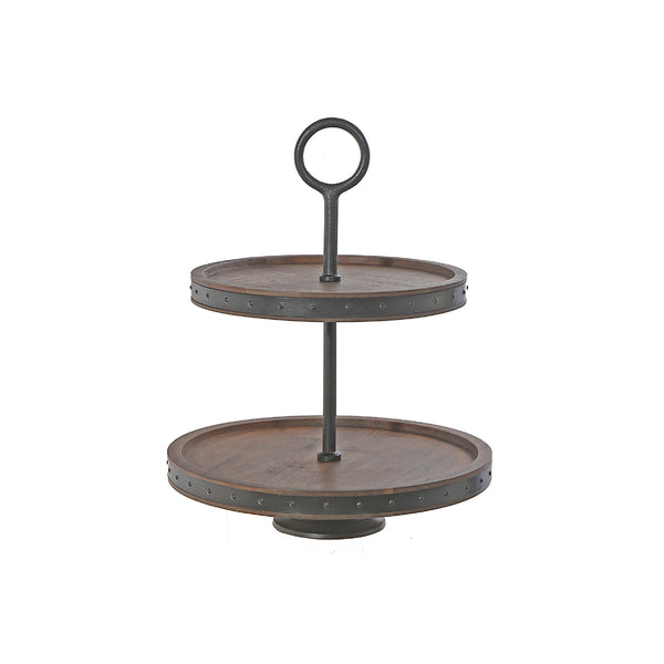 Gray Acacia Wood With Riveted Gunmetal 2 Tier Cake Stand