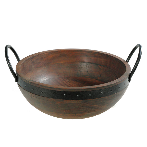 Gray Acacia Wood With Riveted Gunmetal Salad Bowl W Handle