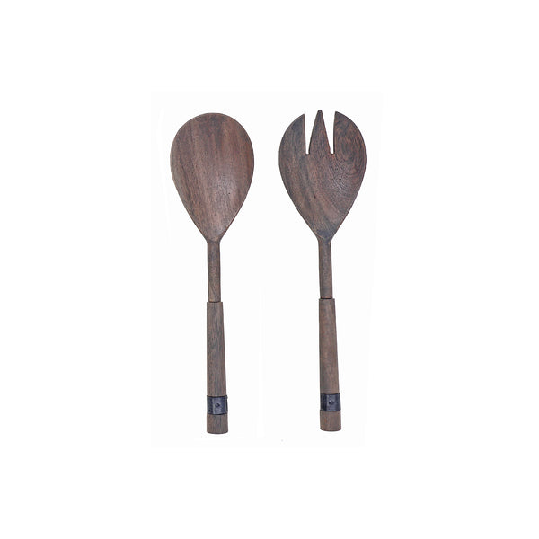 Gray Acacia Wood With Riveted Gunmetal 2 Pc Salad Server Set