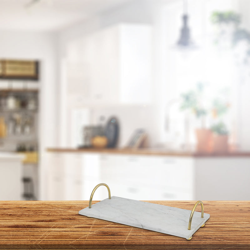 White Marble Rect. Serving Tray With Gold Handles