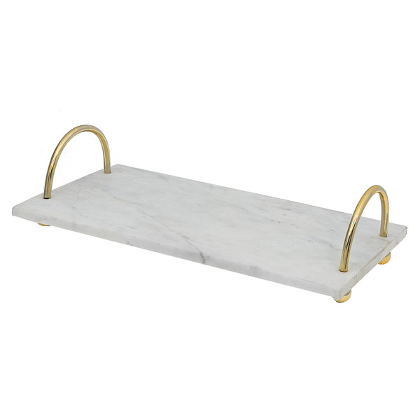 White Marble Rect. Serving Tray With Gold Handles