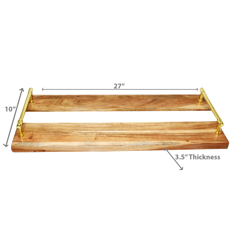 Acacia Wood & Marble Rect. Serving Tray W Gold Handles