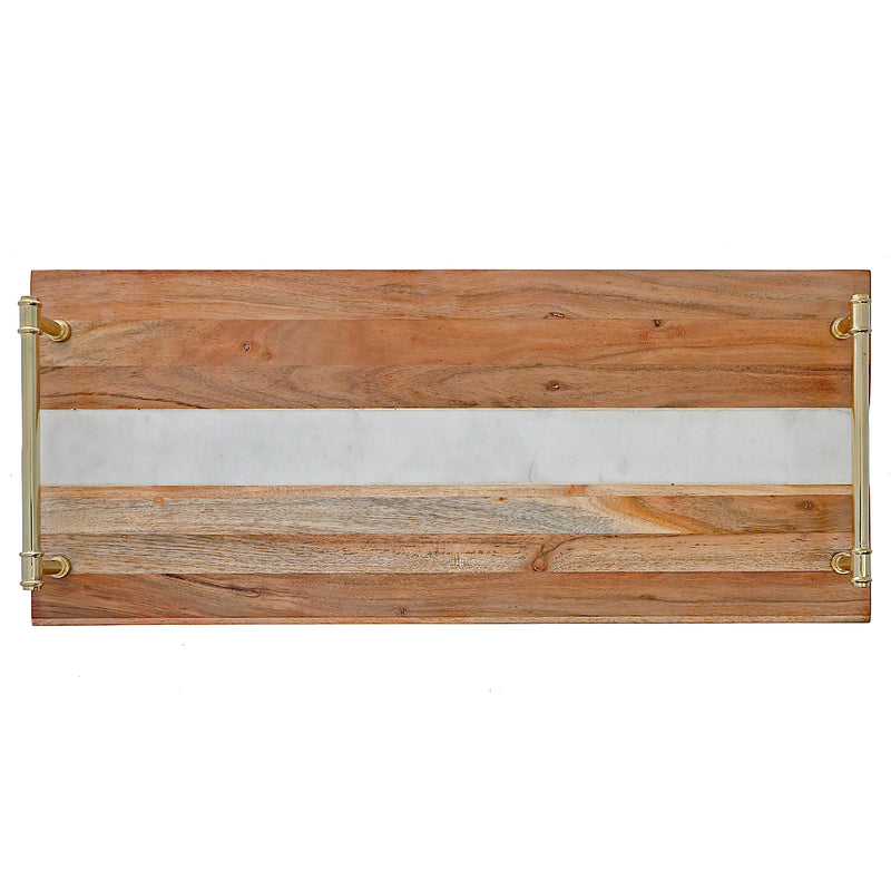 Acacia Wood & Marble Rect. Serving Tray W Gold Handles