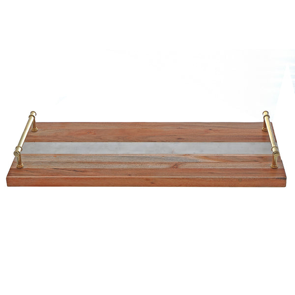 Acacia Wood & Marble Rect. Serving Tray W Gold Handles