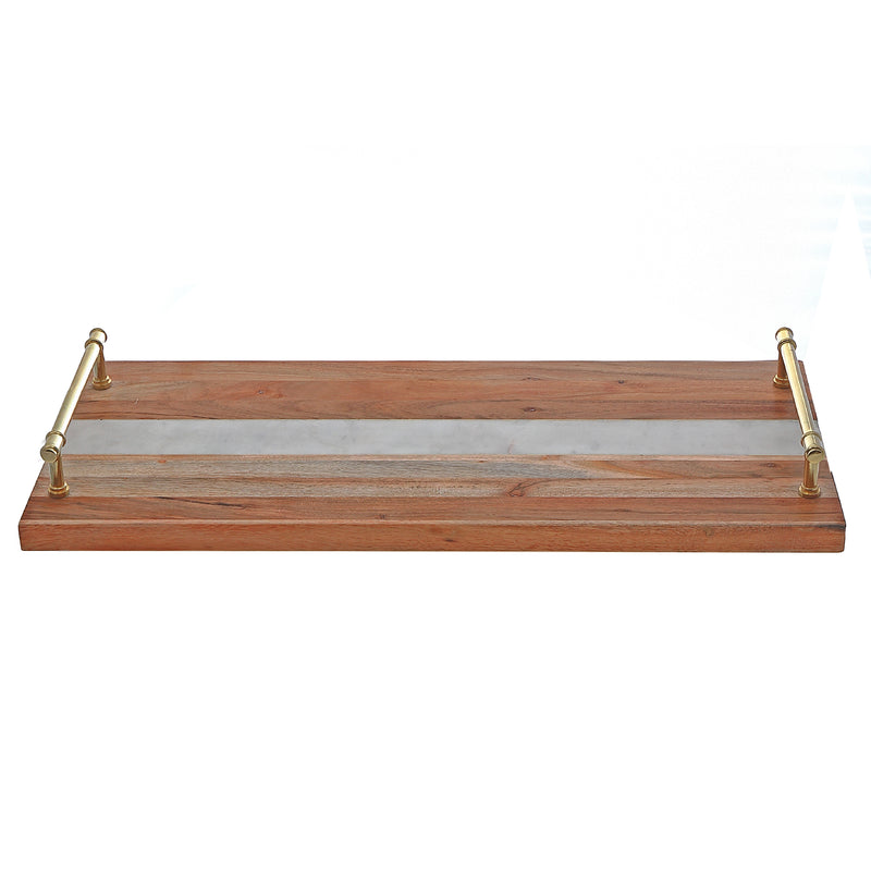 Acacia Wood & Marble Rect. Serving Tray W Gold Handles