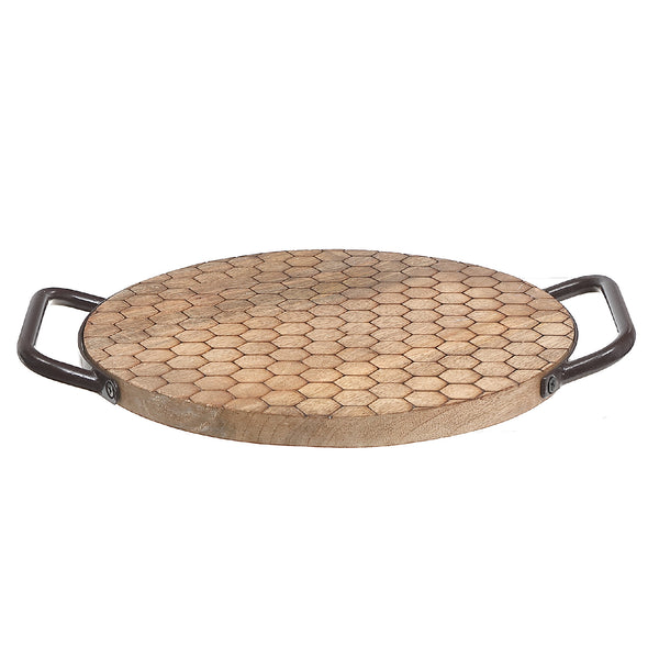 Mango Wood Honeycomb Round Tray With Handles