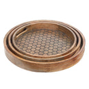 Set Of 3 Mango Wood Honeycomb Round Tray With Handle