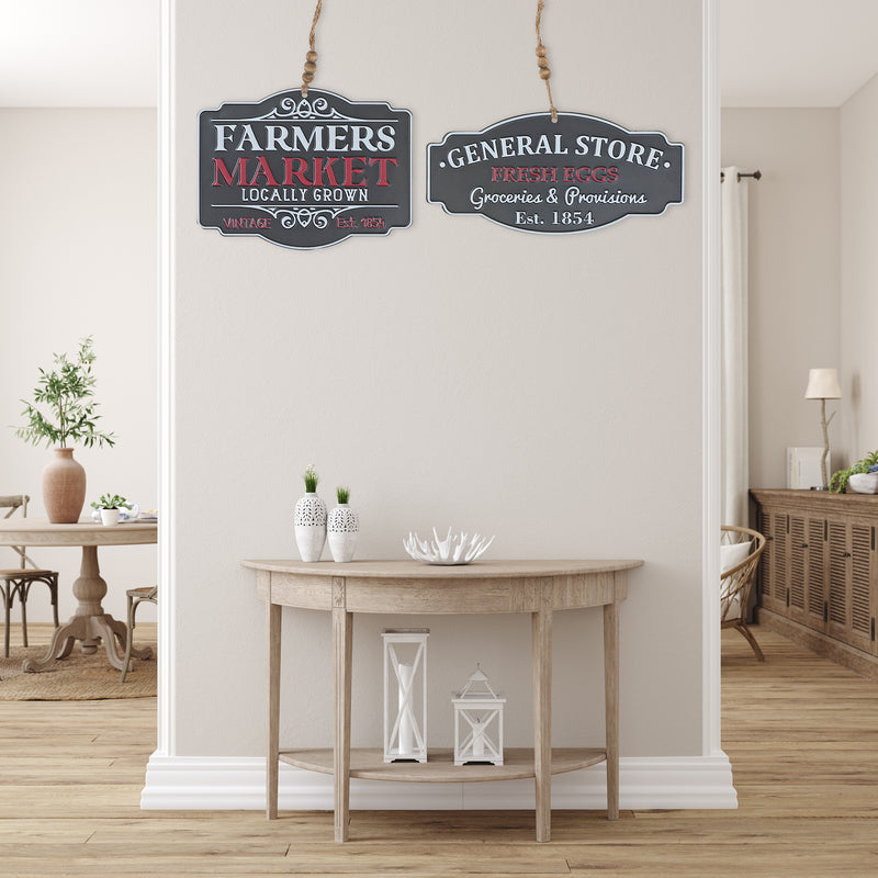 Embossed Metal Ornament Farmers Market/General Store Asstd - Set of 2