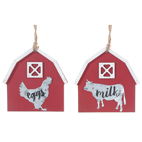 Barn Ornament With Galvanized Animal Cow/Rooster Asstd - Set of 2