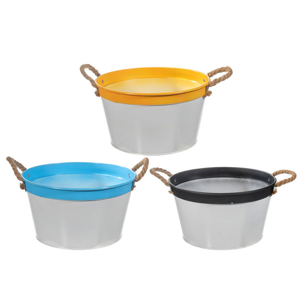 Color Block Metal Round Planter With Rope Handle (9.5") (Asstd) - Set of 3