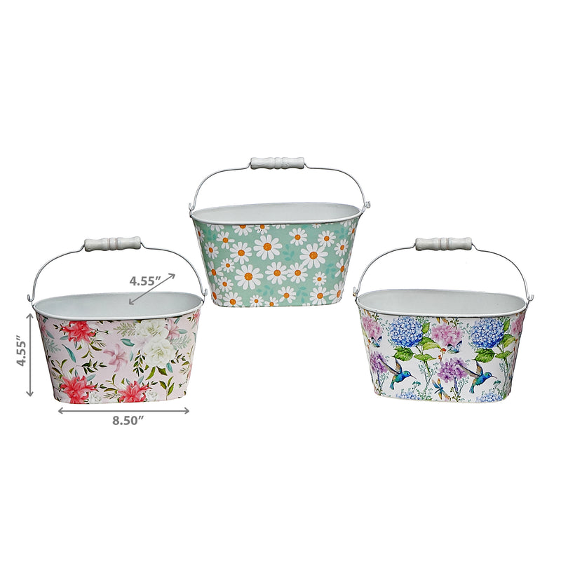 Floral Metal Oval Planter With Handle Asstd - Set of 3