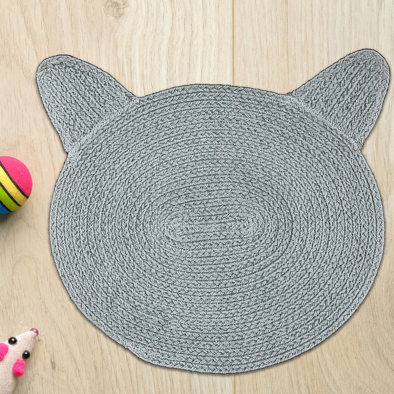 Braided Cotton Cat Shape Mat Light Gray