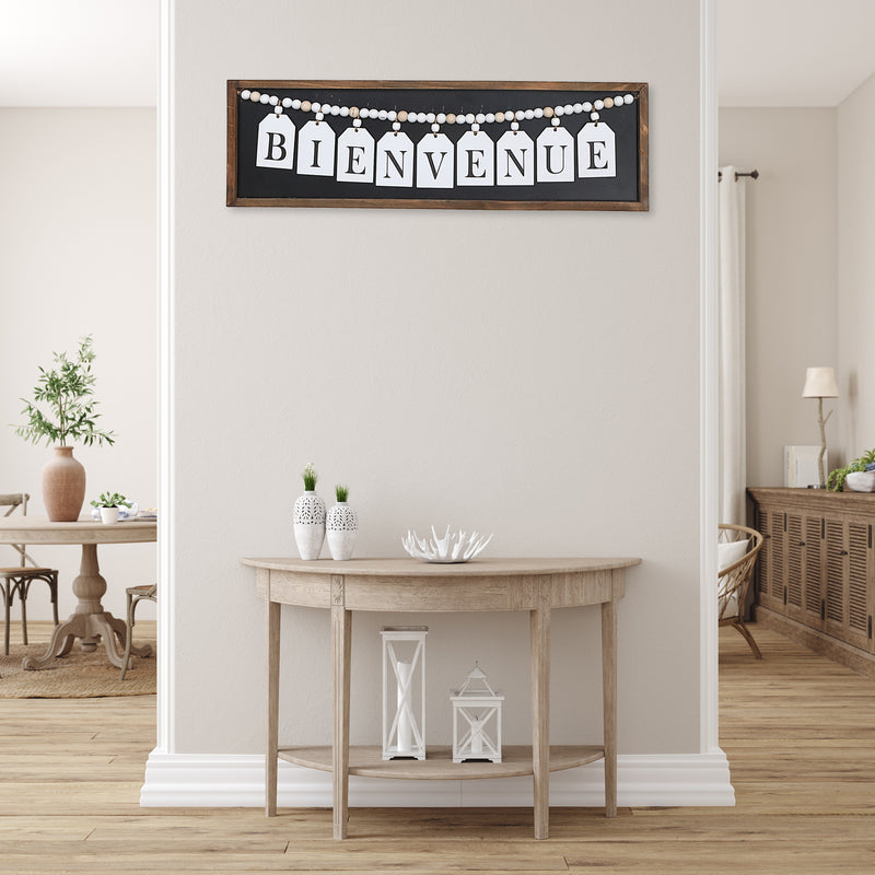 Framed Wood Hanging Beaded Bienvenue Sign