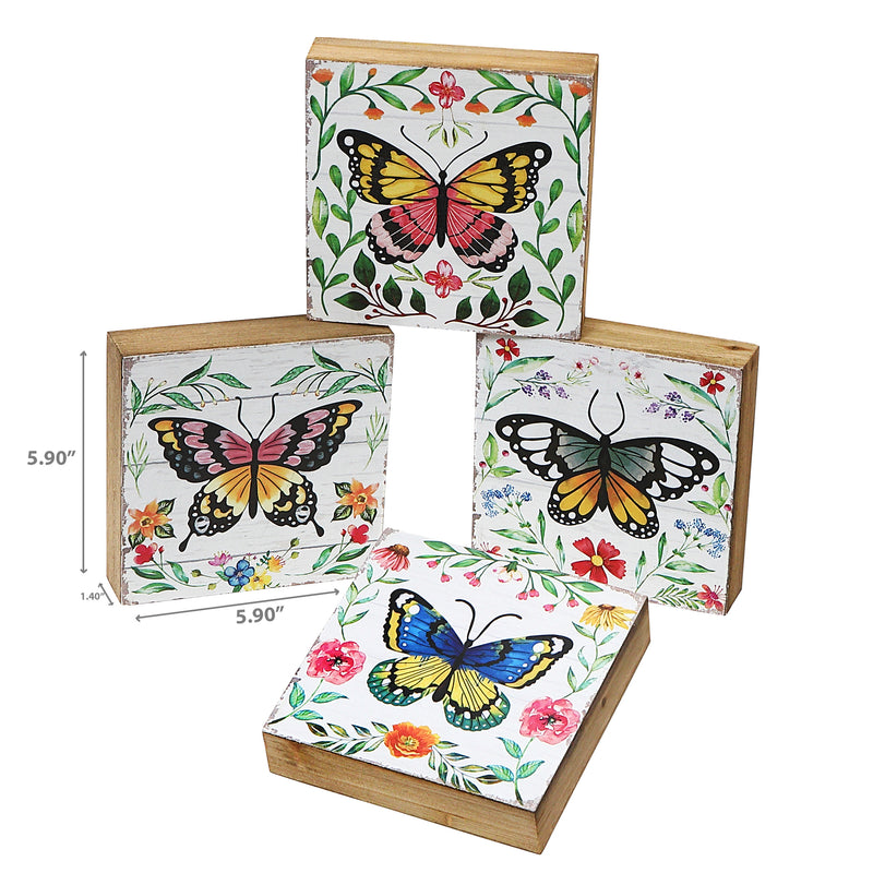 Square Wood Blocks Butterfly Asstd - Set of 4