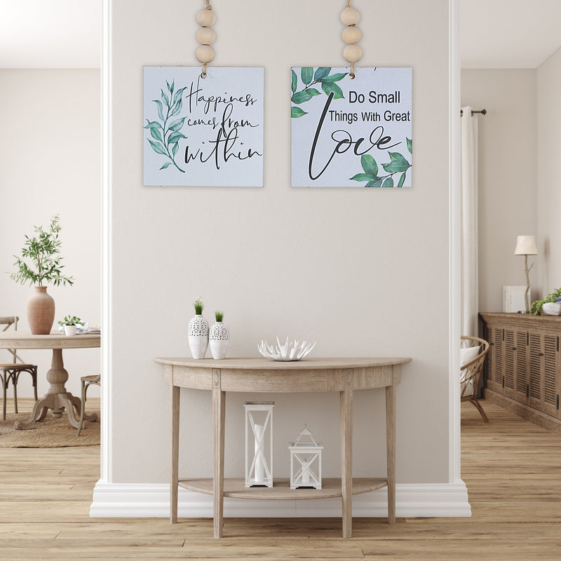Square Wood Hanger With Beads Inspirational Asstd - Set of 2