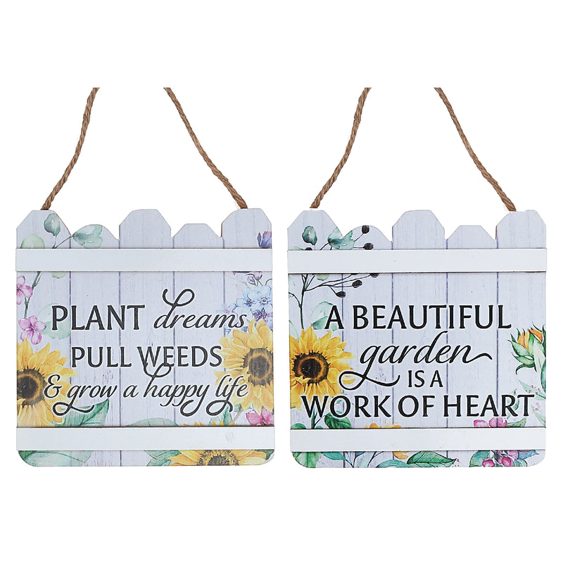 Wood Fence Shaped Floral Sign Asstd - Set of 2