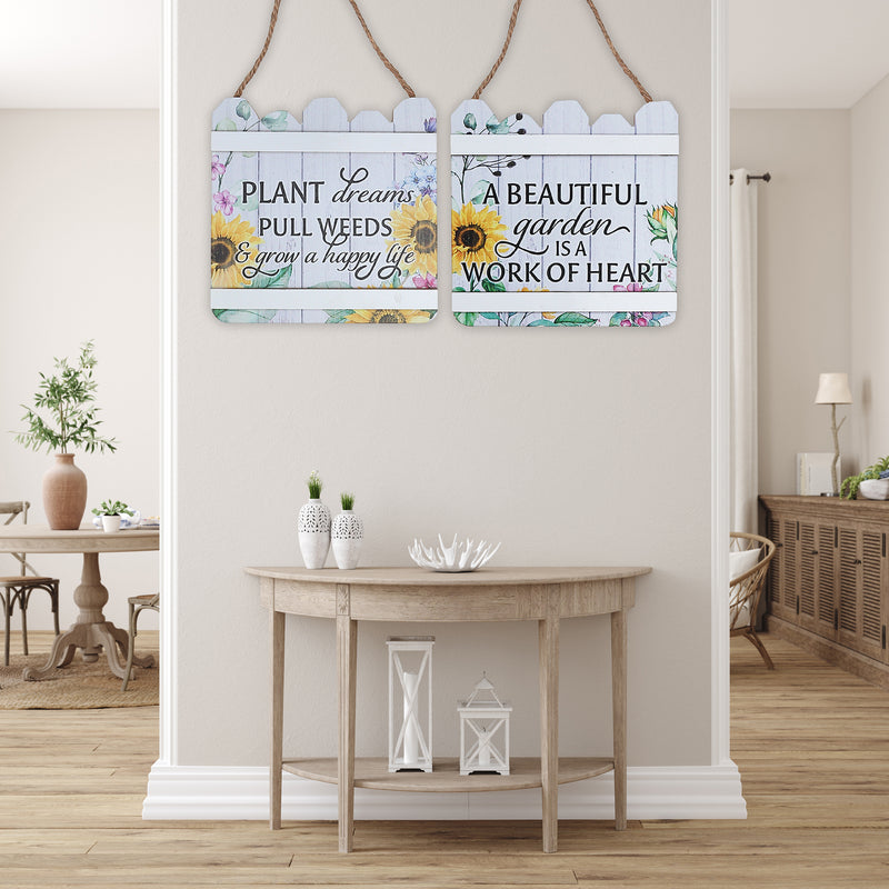 Wood Fence Shaped Floral Sign Asstd - Set of 2