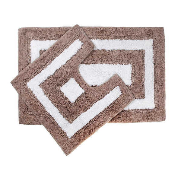 2Pc Cotton Bath Mat Set (White/Taupe Border)