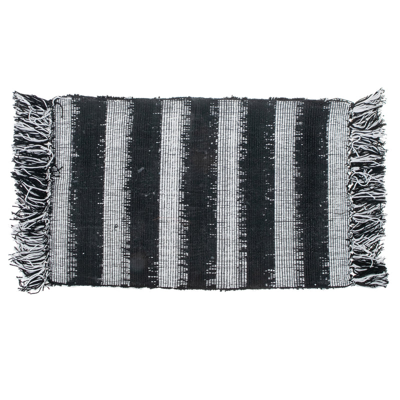 Microfibre Striped Bath Mat With Fringe Black 20X32