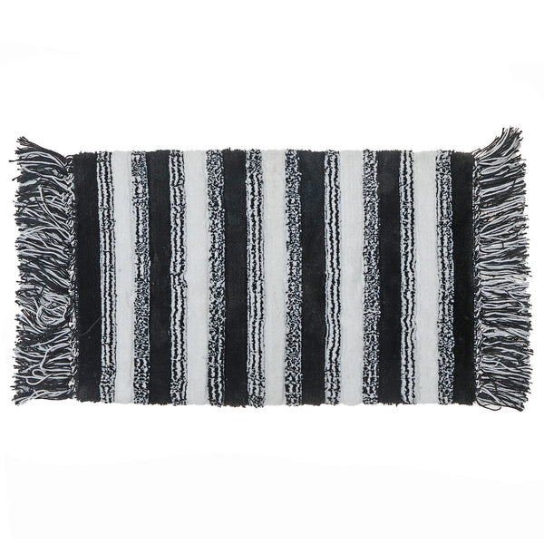 Microfibre Striped Bath Mat With Fringe Black 20X32