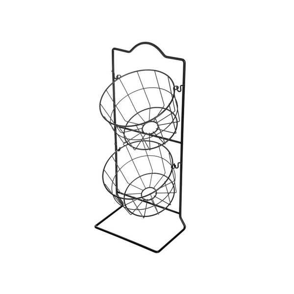 2 Tier Round Metal Grid Fruit Basket Stand (Black)