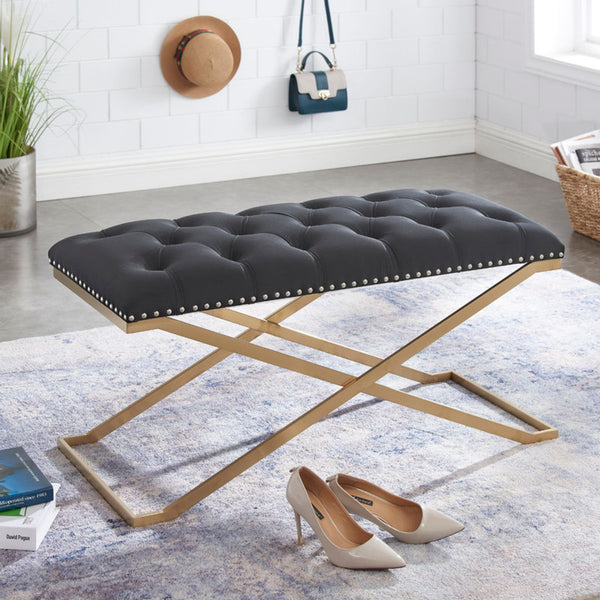 Imperial Tufted Double Bench With Gold X Base (Black)