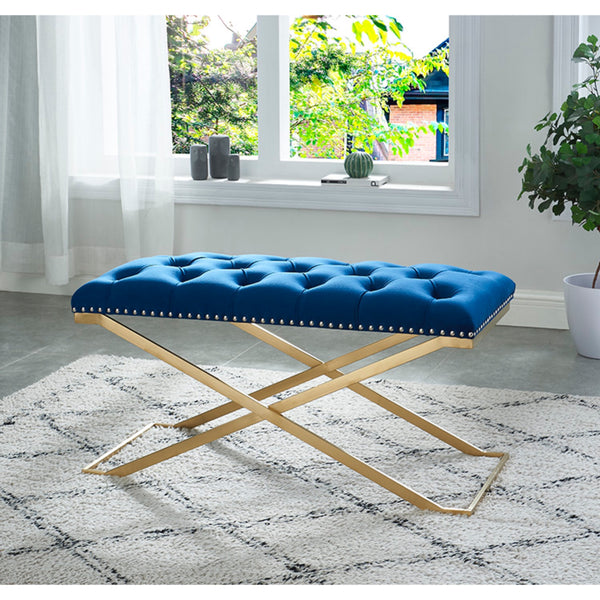 Imperial Tufted Double Bench With Gold X Base (Navy Blue)