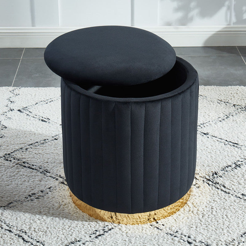 Charlotte Velvet Round Ottoman With Gold Base (Black)