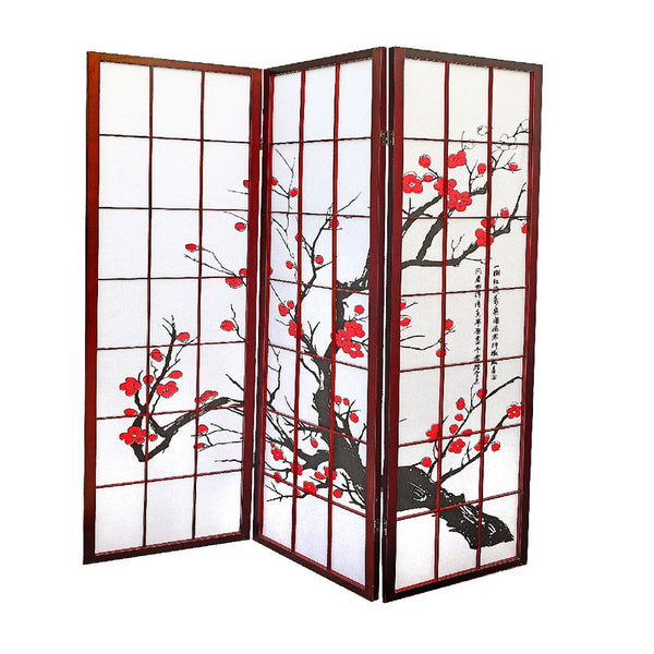 3 Panel Wood Framed Cherry Blossom Screen (Mahogany)