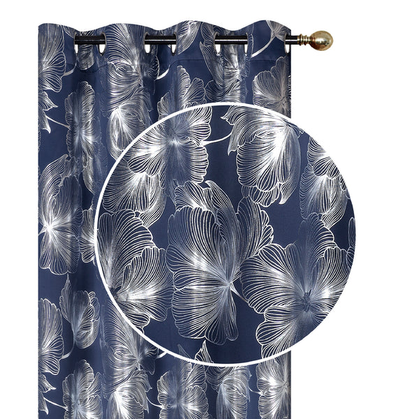 Foil Print Panel W 8 Grom Hibiscus Navy Blue 96" - Set of 2